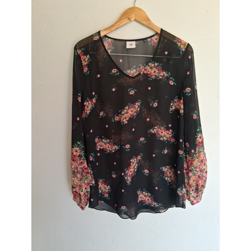Cabi Floral Sheer Blouse Sz M Black Pink Long Sleeve Boho Peasant Top - Picture 2 of 8